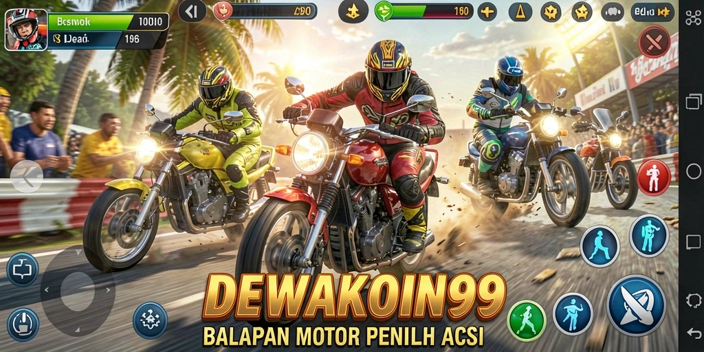 Screenshot DEWAKOIN99 menampilkan aksi balapan motor yang intens dan mendebarkan.