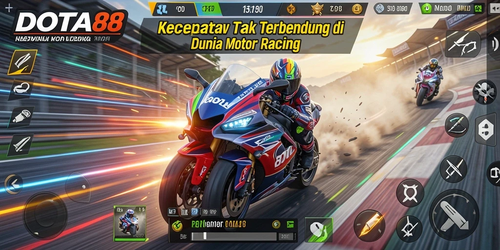 Gameplay DOTA88 yang penuh aksi dengan mobil balap cepat.