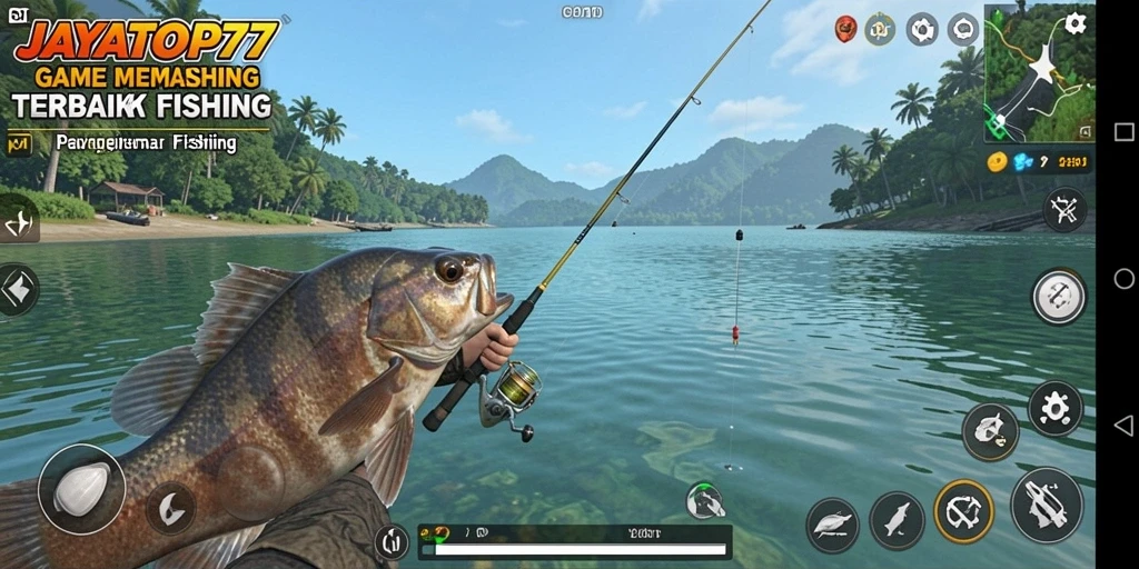 Screenshot gameplay memancing di JAYATOP77 dengan ikan besar.
