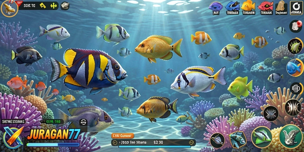 Screenshot gameplay JURAGAN77 menembak berbagai ikan di dunia bawah laut.