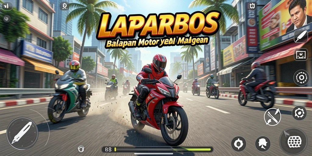 Screenshot gameplay LAPARBOS menunjukkan balapan motor yang seru dan penuh aksi.