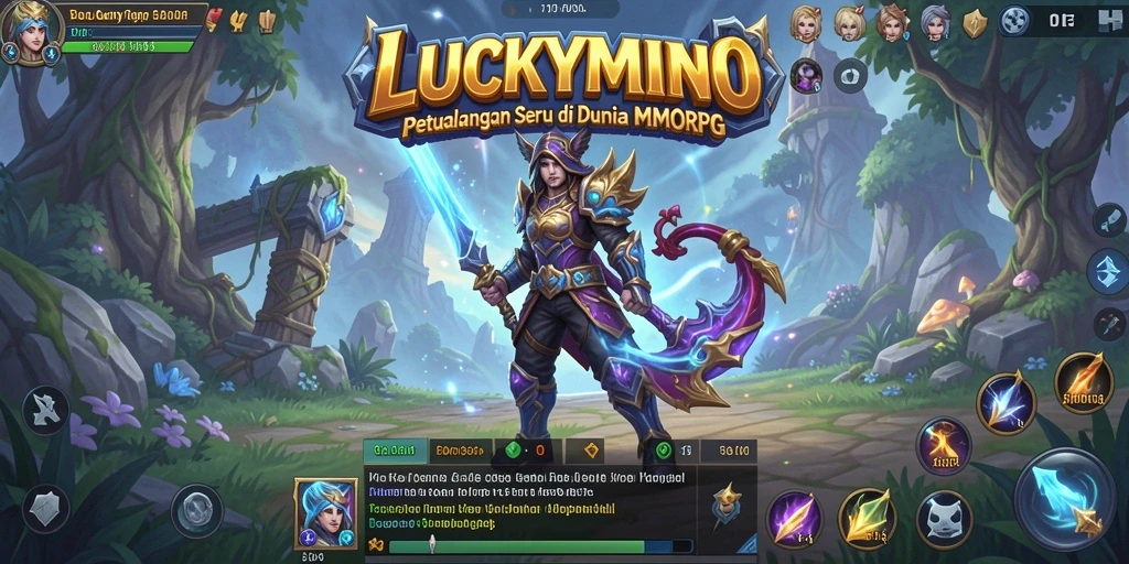 Screenshot LUCKYMINO menampilkan aksi pertarungan epik di dunia fantasi.