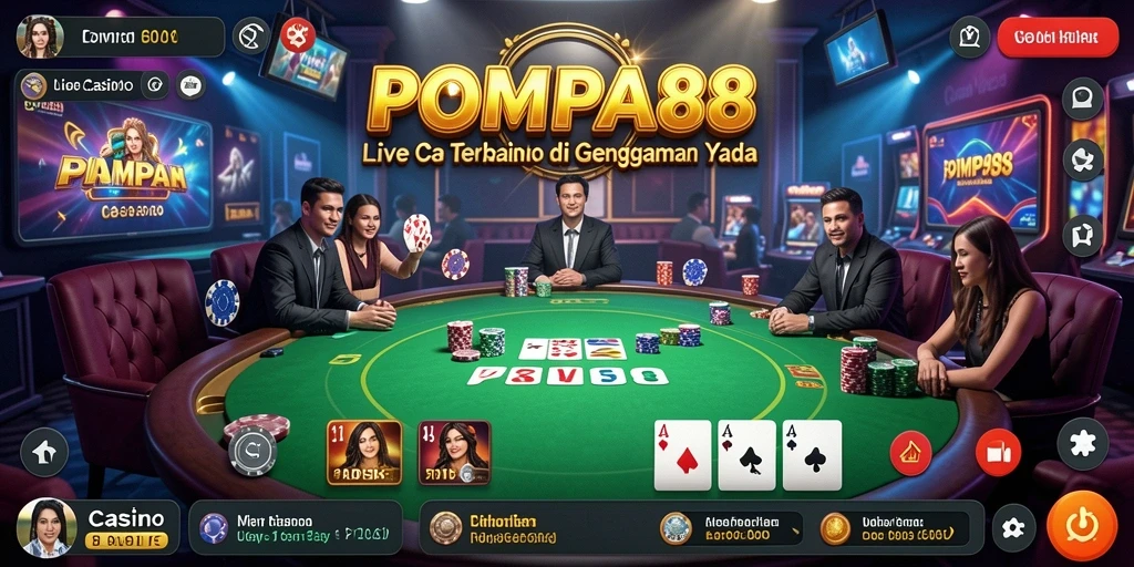 Screenshot utama POMPA88 menampilkan dealer langsung dalam permainan Live Casino.