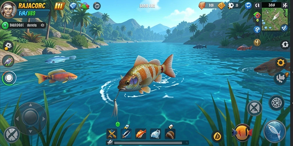 Screenshot utama RAJACORC menampilkan gameplay memancing yang menegangkan.