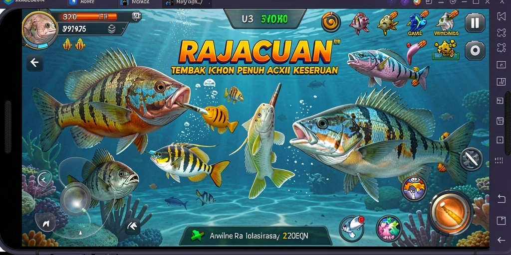 Tangkapan layar gameplay RAJACUAN yang menampilkan aksi menembak ikan.