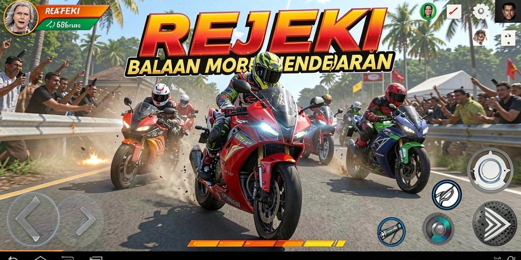 Screenshot gameplay REJEKI menampilkan balapan motor yang seru dan mendebarkan.