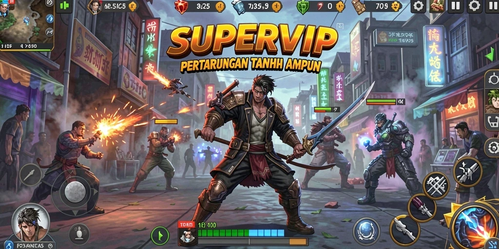 Tangkapan layar gameplay seru dari SUPERVIP yang penuh aksi pertarungan.