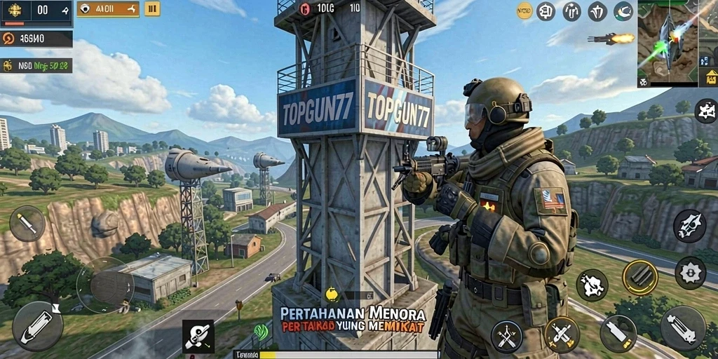 Tampilan gameplay menara pertahanan di TOPGUN77 yang mendebarkan.